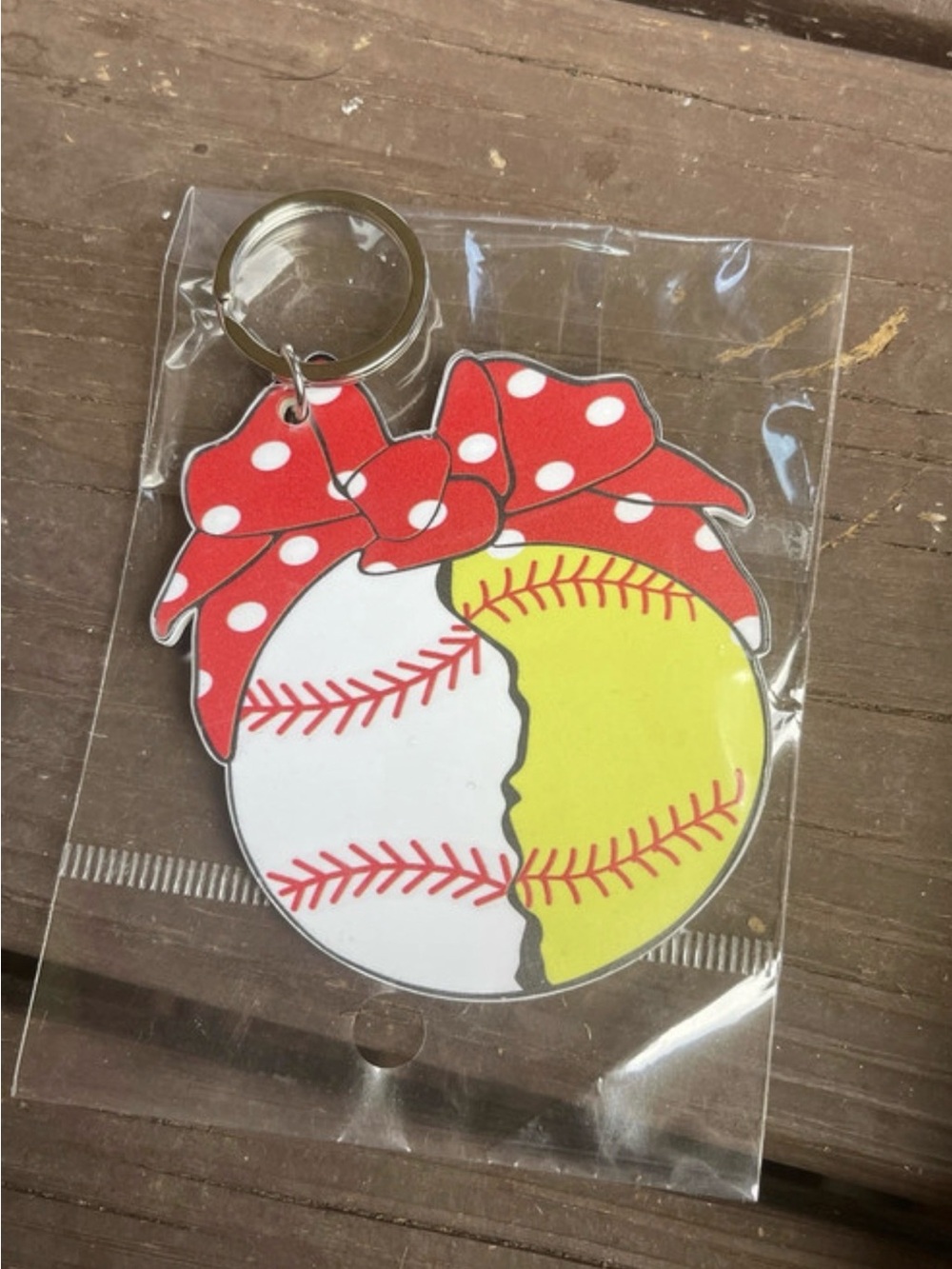 Red Polka Dot Bow Softball/Baseball Keychain